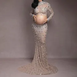 Sexy Beading Maternity Photography Dress Split Shiny Pearl Rhinestone Stretch Fabric Long Dress Maternity Photo Shoot Dress