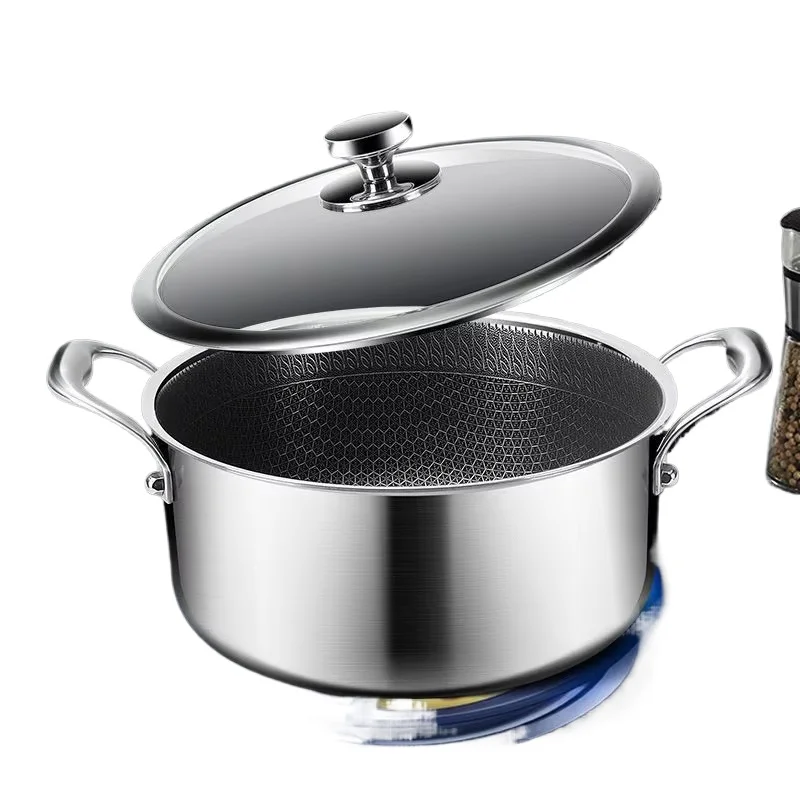 

High Quality Thick Honeycomb Etched Non-Stick Soup Pot Casserole Household Cookware 304 Stainless Steel Pot with Glass Lid