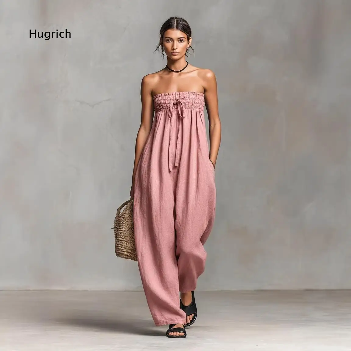 Women's Strapless Tube Jumpsuit Elastic Shirred Bust Drawstring Waist Loose Wide Leg One Piece Outfit For Summer