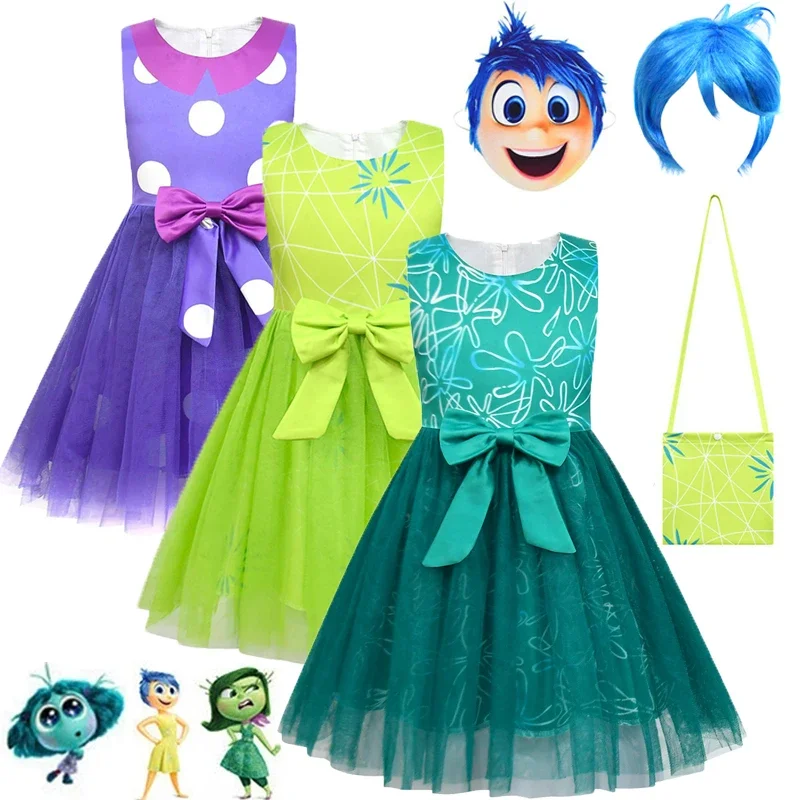 Movie Inside Out 2 Cosplay Anime Costume Joy Disgust Kids Mesh Princess Dress Set Halloween Carnival Stage Party Clothing mask