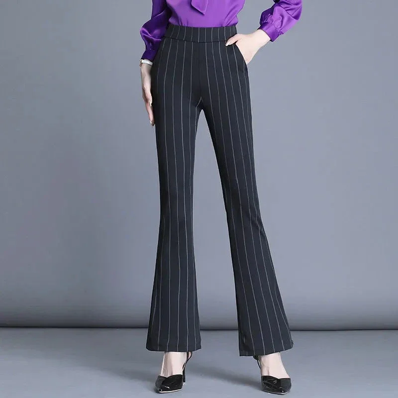 

Women's Clothing Striped Elastic Pockets High Waisted Casual Loose Fashion Spring Autumn Contrast Color Boot Cut Trousers Pants