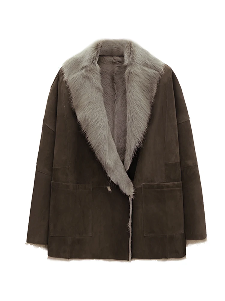 Abrigo de invierno de piel de cordero Toscana de lujo de alta gama para mujer 2025 nueva chaqueta de gamuza de piel auténtica de cabra de longitud media Vintage Simple