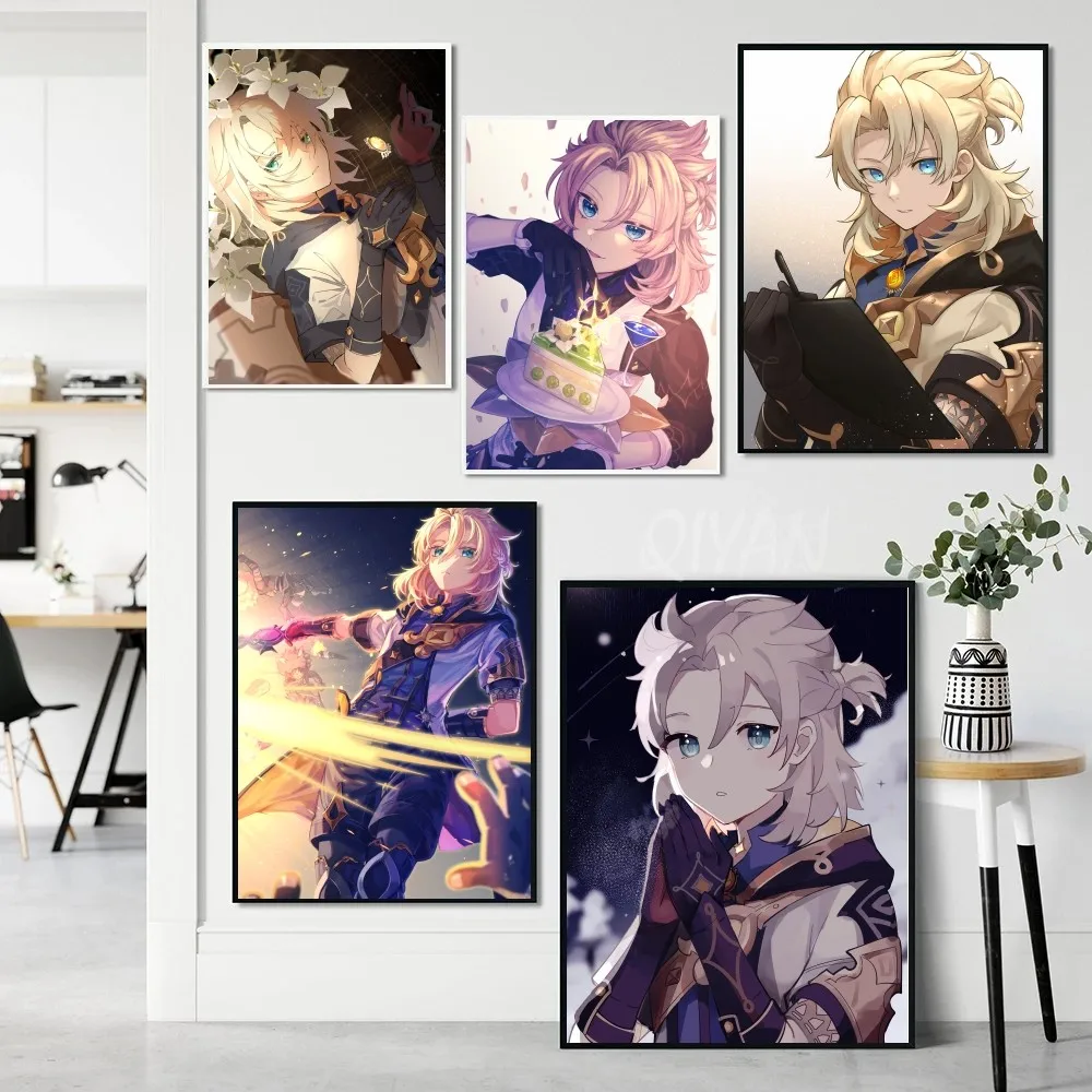 Game Genshin Impact Accounts Albedo Poster Self-adhesive Art Waterproof Paper Sticker Coffee House Bar Room Wall Decor