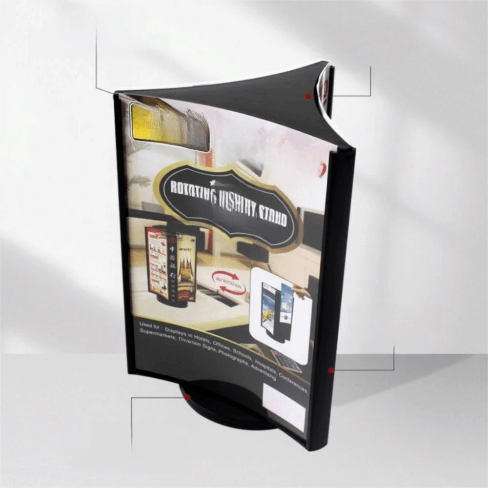 Scheda da tavolo girevole in acrilico a tre lati Porta cartello per menu trasparente A4/A5 Espositore per menu con superficie ad arco facile da montare