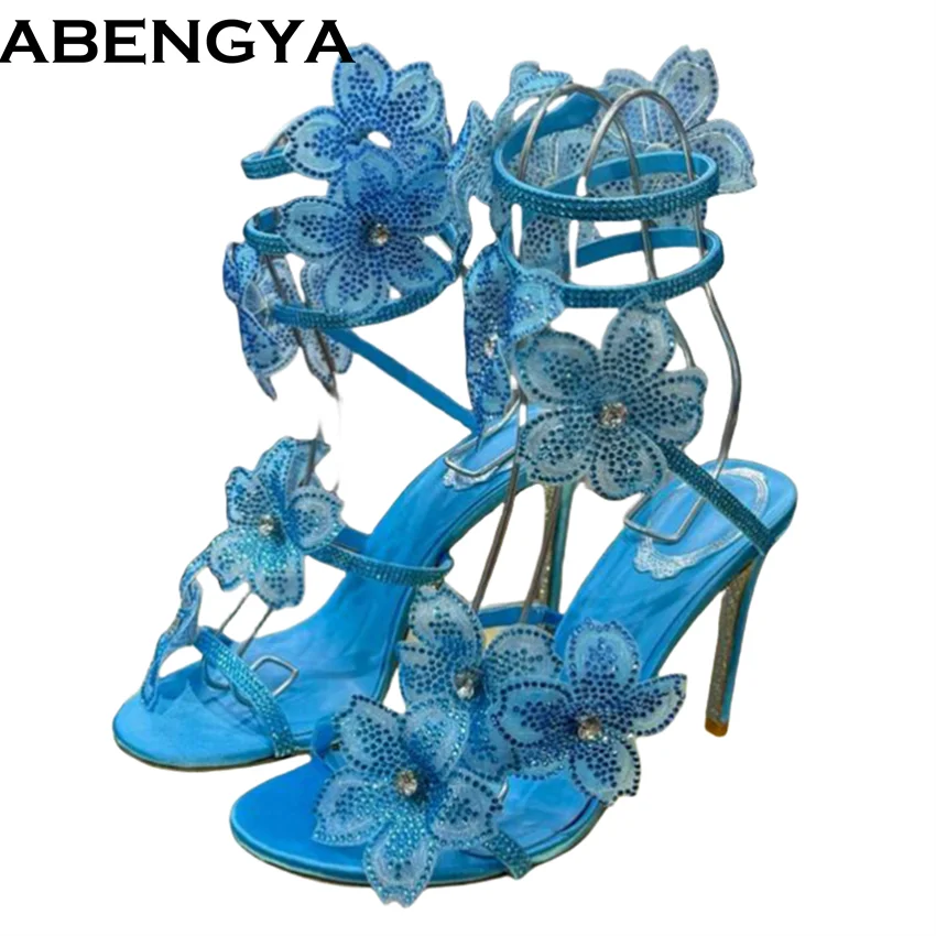 

2025 Summer High Heels Sandals Women Crystal Flower Snake Strap Stilettos Party Shoes Shinny Female Sandalias Mujer