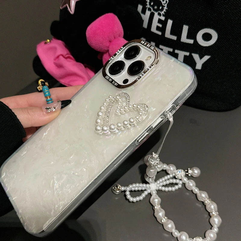 Luxury 3D Shell Pattern Love Pearl Bracelet Phone Case For iPhone 15 14 Pro Max Plus 13 12 11 Plating Frame Anti Fall Back Cover
