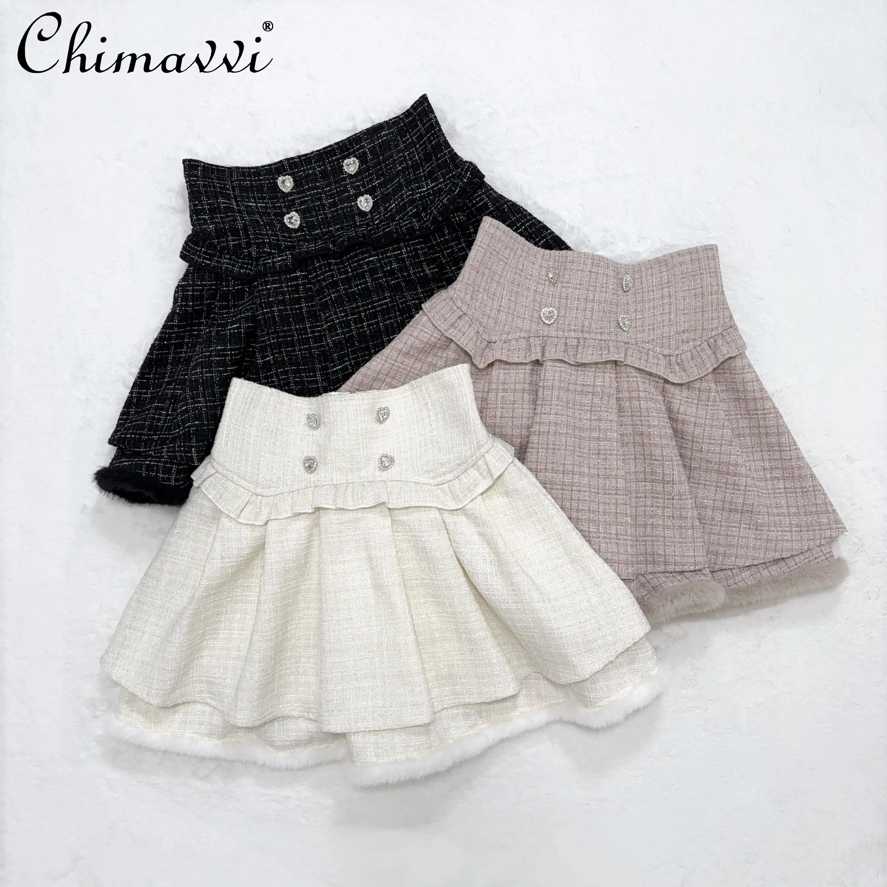 Japanese Mine Mass-produced Sweet Girls Woolen Skirts New Autumn and Winter Double-layer High-waisted Tweed Short Skirt Women