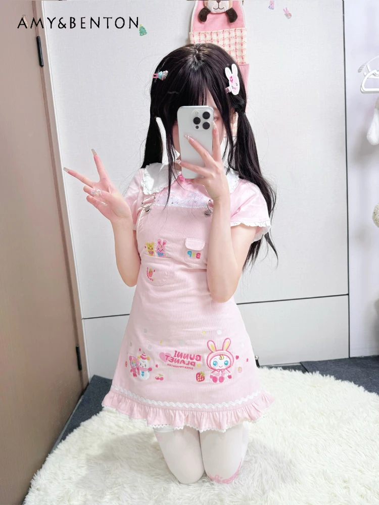 الحبيب الحمالة سترة تنورة الصناعة الثقيلة رائعة الكرتون التطريز الحلو كشكش حافة سترة فستان Kawaii سليم فستان قصير