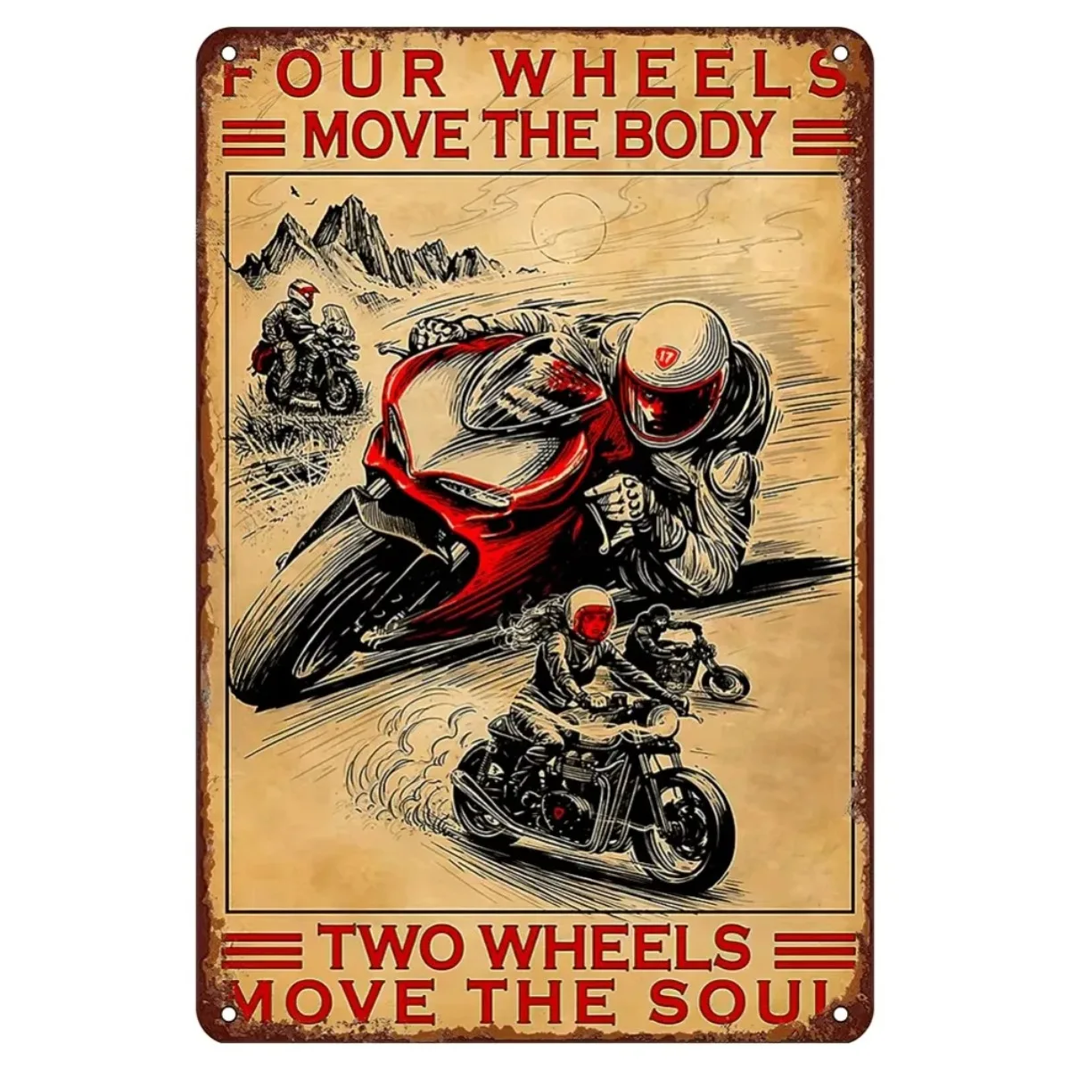 Retro Wall Art: 'Two Wheels MoveThe Soul' Sign Weathered Finish, Ideal for Cafe Interiors, Home Decor & Unforgettable BikerGifts