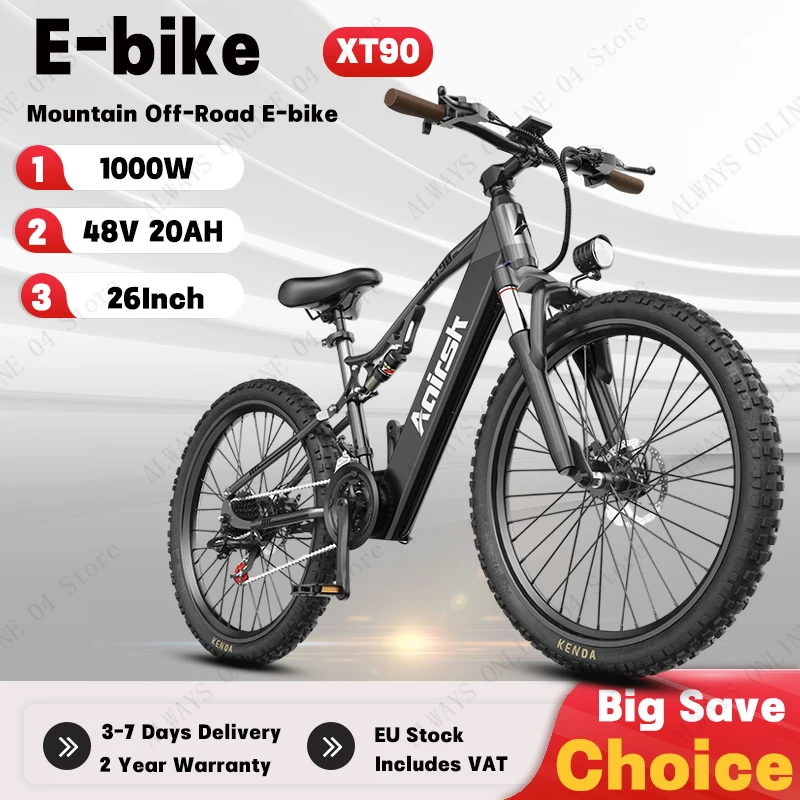 Vélo électrique tout-terrain pour adultes à suspension intégrale Aairsk XT90, moteur de 1000 W, batterie 48 V 20 Ah, pneus 26*2,6 pouces