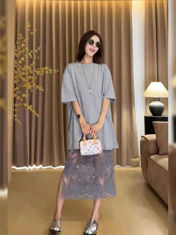 

Fashionable Summer 2026 Women's Casual Midi Skirt Set High Waist Loose Fit T-Shirt Short Sleeve mid Length Spring Outfit
