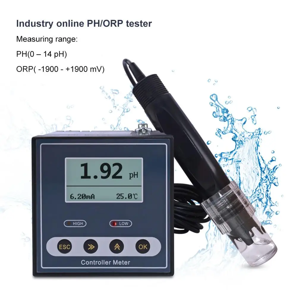 

Online Industrial PH Controller ORP Meter Digital 0.02pH 1mV Upper Lower Limit Control Alarm pH Tester