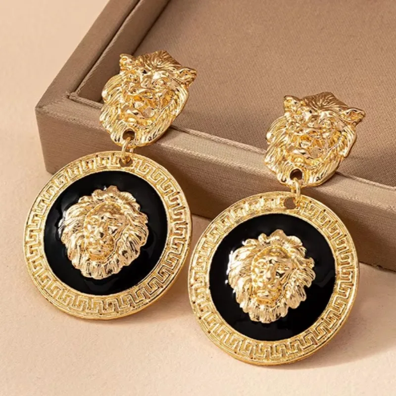 Stud Earrings For Women Vintage Lion Head Glass Geometric Party Gift OL Holiday Fashion Jewelry Ear Accessories CE150