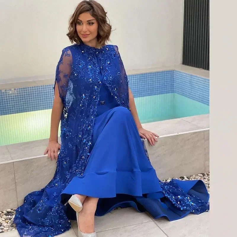 Customized Royal Blue Mother of The Bride Dresses with Jacket 2 Pieces A Line Formal Gown Sequined Coat Arabic Dubai Special Occ