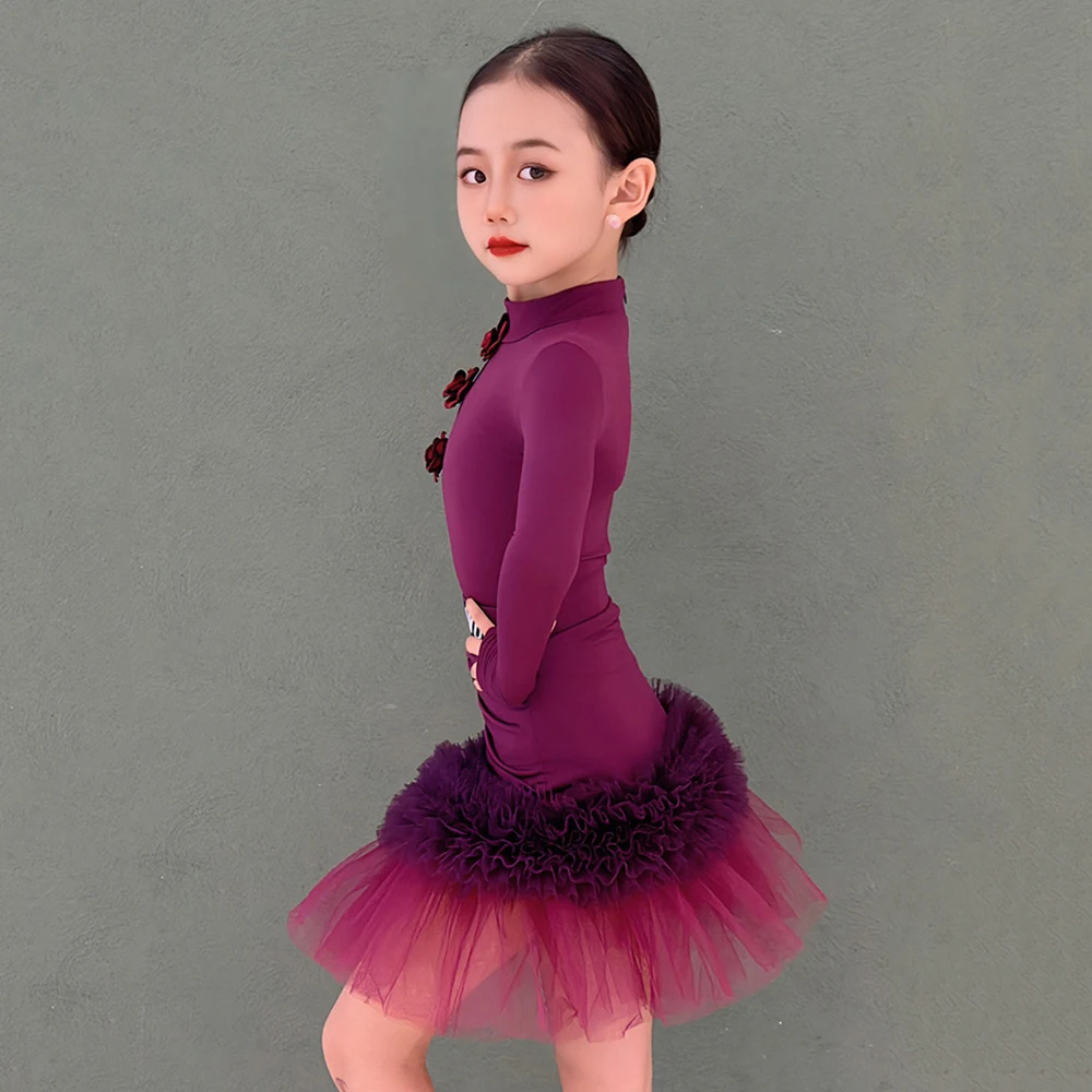 Kids Girls Latin Dance Long Sleeve Bodysuit Fold Ruffles Skirt Children Ballroom Rumba Dancewear Training Performance Costumes
