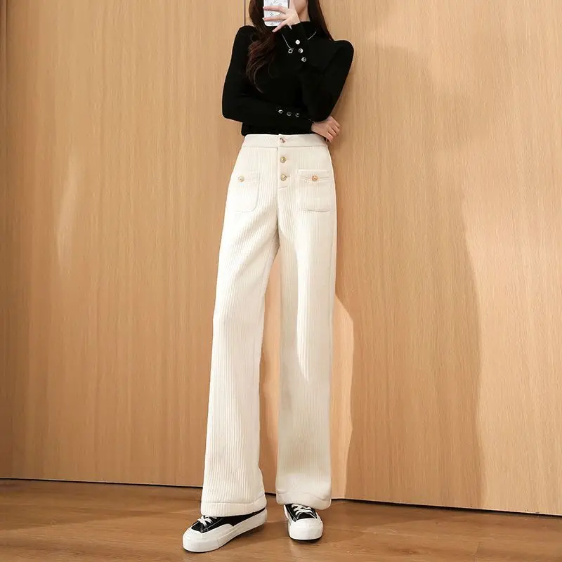 Autumn and Winter Women's Solid Corduroy Wide Leg Pants High Waist Loose Pockets Button Fashion Casual Commuter Trousers