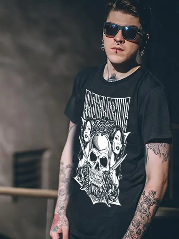 Trendy Devil Knight Tattoo Short Sleeve Pure Cotton Men's T-shirt Hard Rock Heavy Metal Band Skeleton Head Fashionable Casual...