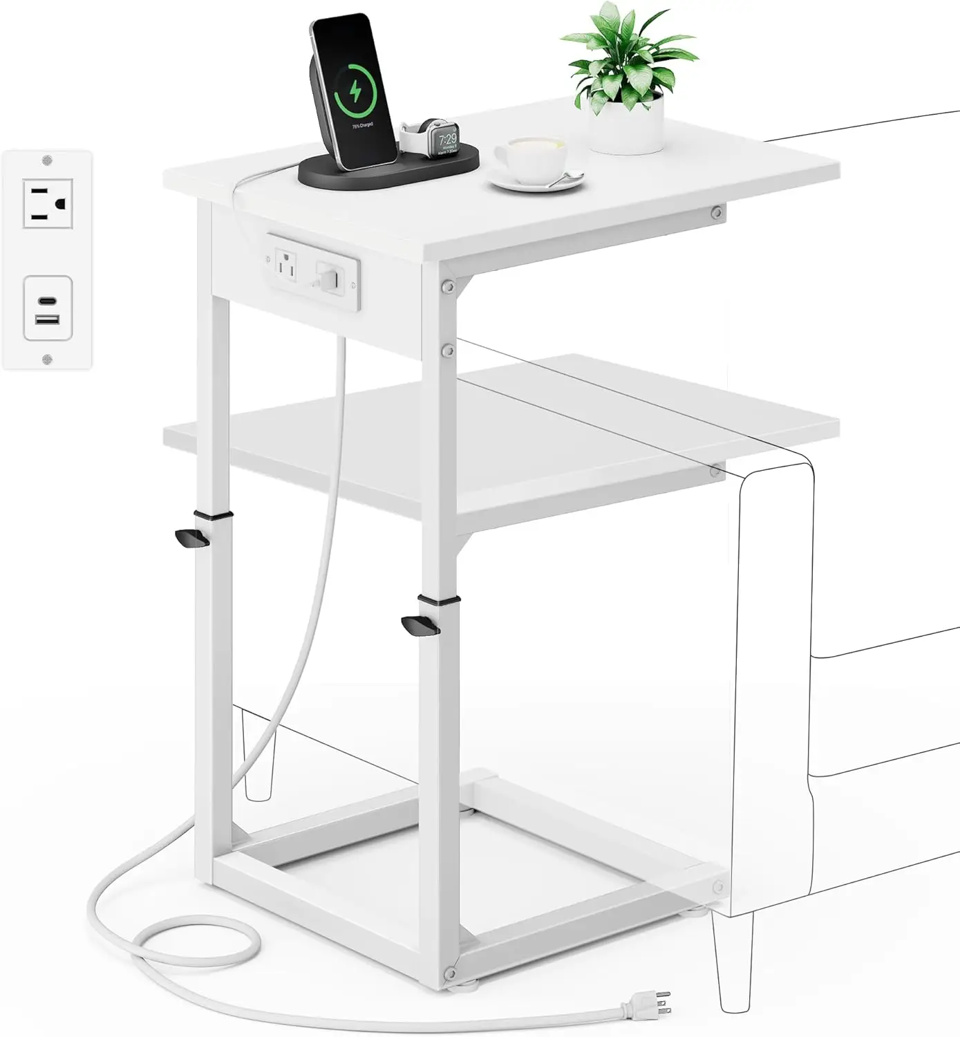 

C-Shaped End Table with Charging Station, Adjustable Height Sofa Table, Slide Under TV Tray for Living Room, Bedroom, White