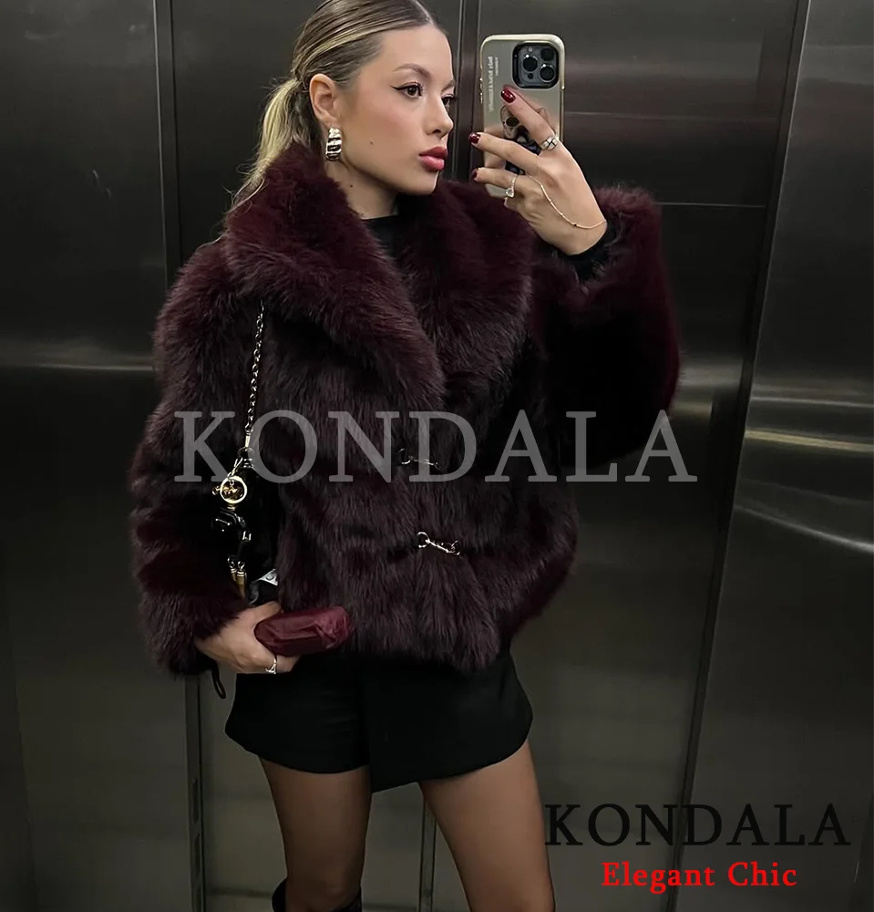 

KONDALA женская элегантная короткая куртка из искусственного меха, куртка на пуговицах с лацканами, новинка 2025 года, осень/зима, модное вечернее уличное женское пальто