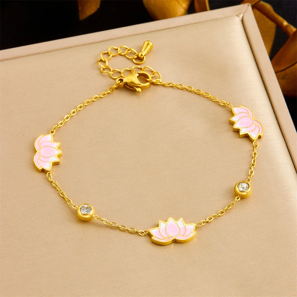 DIEYURO 316L Stainless SteellPink Lotus Round Zircon Flower Pendant Bracelet For Women New Trend Fashion Hand Chain Jewelry Gift