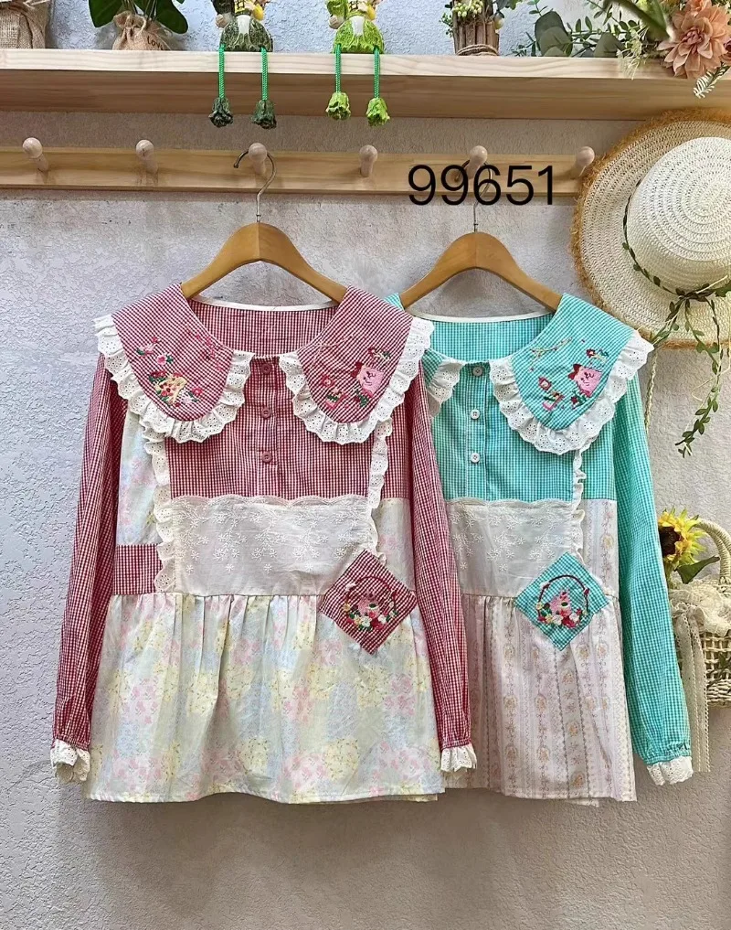 2025 Japanese Spring and Summer Doll Collar Floral Lace Lace-up Loose Cotton Splicing Top For Women