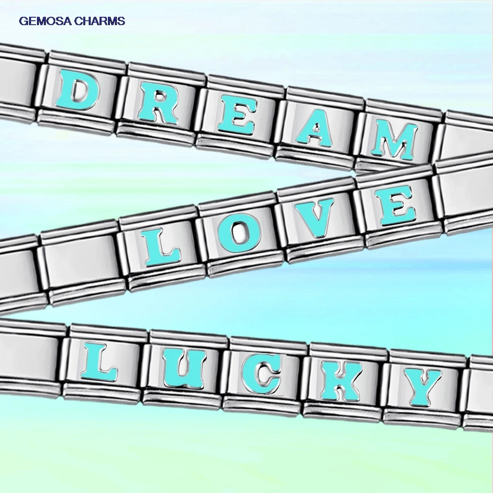 GEMOSA Sky Blue 26 English Letters A-Z Italian​ Charms Links Fit 9mm Stainless Steel Jewelry Beads Making DIY Bracelets