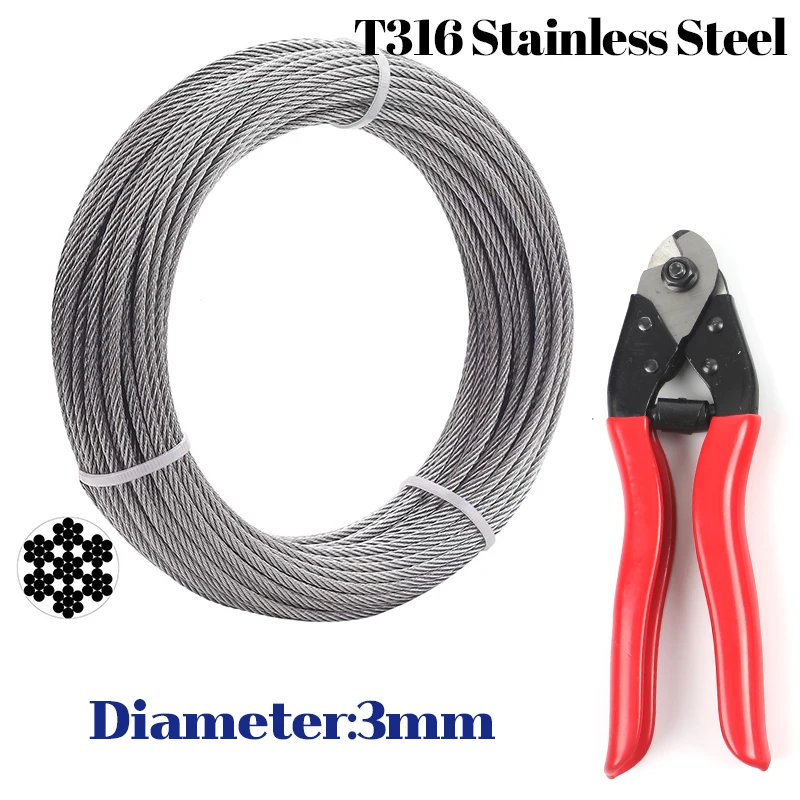 30 Meter/100 Feet 3MM 1/8\'\' Diameter Rustproof Stainless Steel 316 Grade 7X7 Wire Rope Cable Clothesline with Cutter