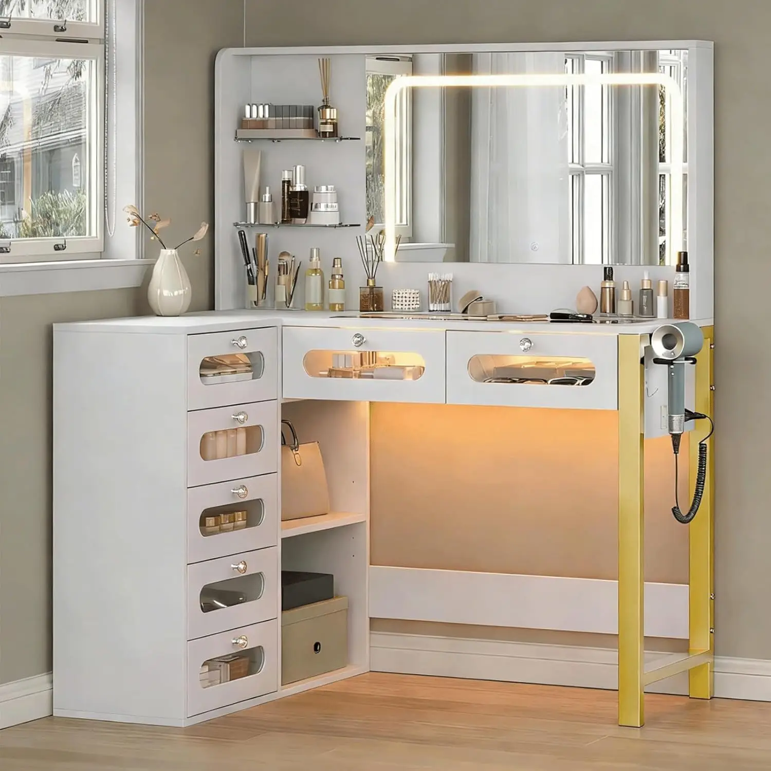 White Clear Glass Top Makeup Vanity for Bedroom with Mirror, Lights, 2 RGB Drawers, Spacious Storage & Power Outlet