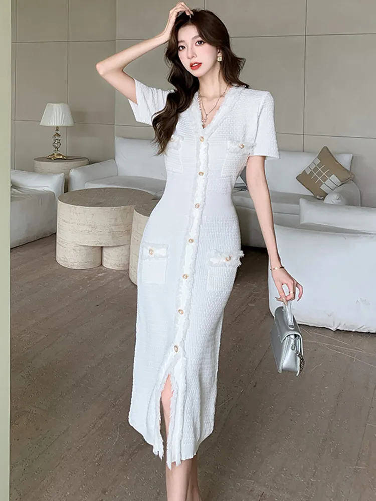 Summer Vintage Long Dresses Women Knitted Elegant Evening Bodycon Dress  Female Korean Simple Casual V-neck White Dress - AliExpress 200000345