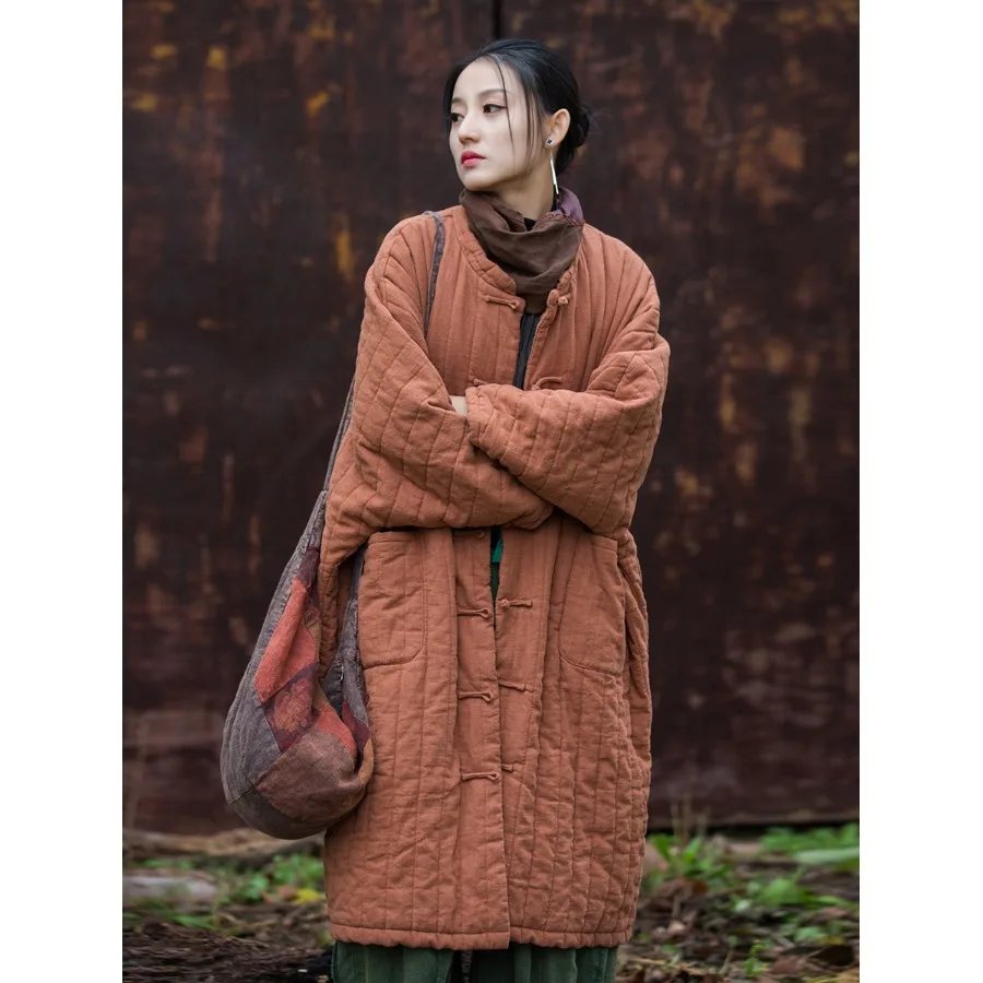 

New Chinese Style Thickened Cotton Jacket Women's Winter New Original Flax Cotton Coat Middle-Length Button-Up Retro Cottonwear