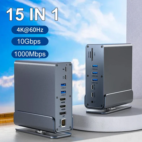 Estación de acoplamiento 15 en 1 Hub tipo C 4K @ 60Hz HDMI DisplayPort USB A RJ45 SD TF Audio adaptador de puerto de 3,5mm para Macbook Pro Laptop PC