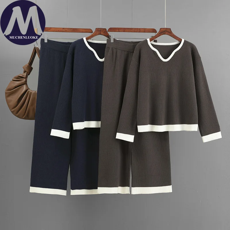 

Комплект из 2 предметов для женщин, осенне-зимний элегантный лоскутный цветной вязаный свитер с v-образным вырезом, модные повседневные свободные комплекты брюк