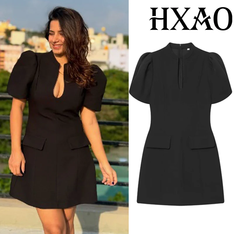 HXAO Schwarzes Kleid mit Puffärmeln, Damenkleid, Sommerkleid, elegantes Partykleid, Büro-Damenkleid, Freizeitkleid, gerüschtes Minikleid