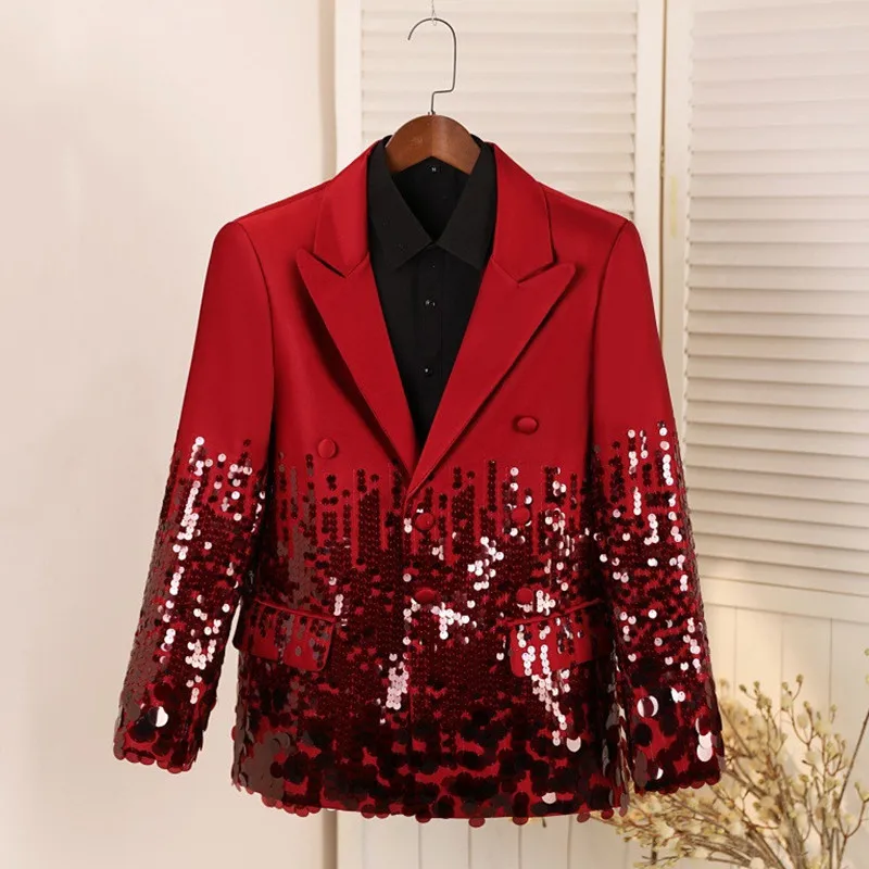 

Мужской пиджак со звездным певцом, сценический пиджак с блестками, тонкий винно-красный повседневный пиджак, вечерний подиум, блестящий смокинг для ночного клуба