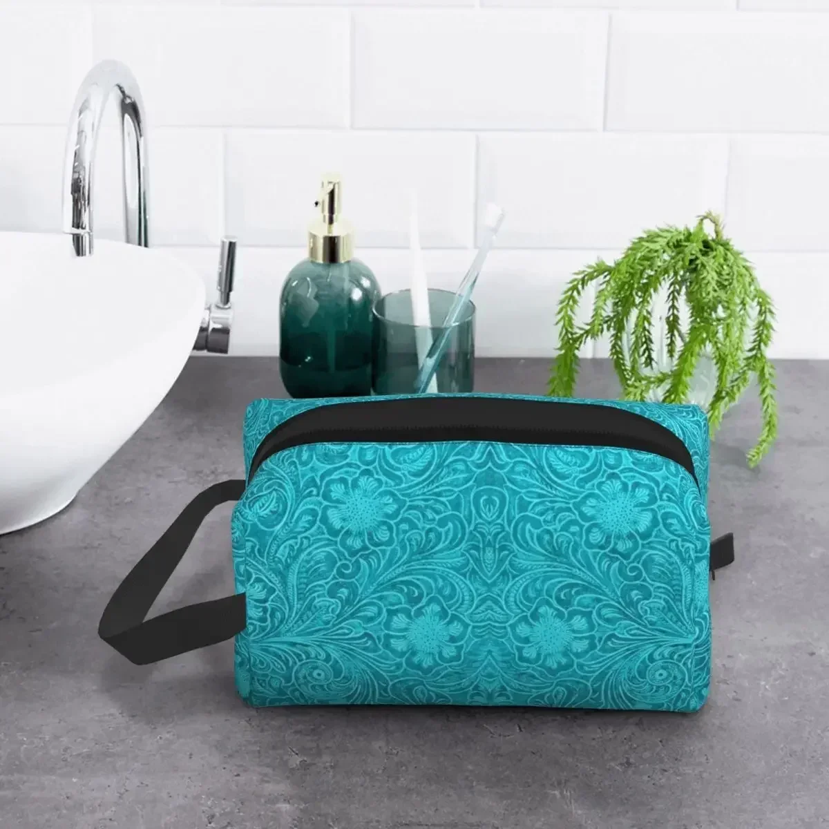 Turquoise Leather Texture Look Makeup Bag Travel Cosmetic Organizer Fashion Embossed Floral Pattern Storage Toiletry Bags