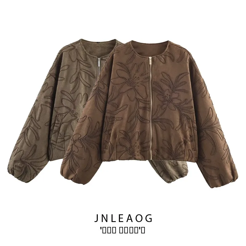 JNLEAOG Fashionable Pilots Jacket Women's Short Outerwear Autumn New Style Embroidered Fleece Surface All-Match Design