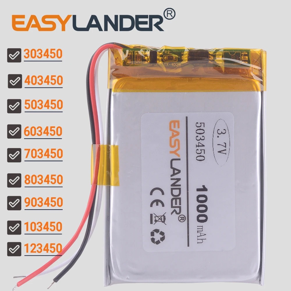 3선 1000mAh 3.7V 폴리머 리튬 배터리 리튬 이온 배터리 503450 523450 303450 403450 603450 703450 803450 903450 103450 123450