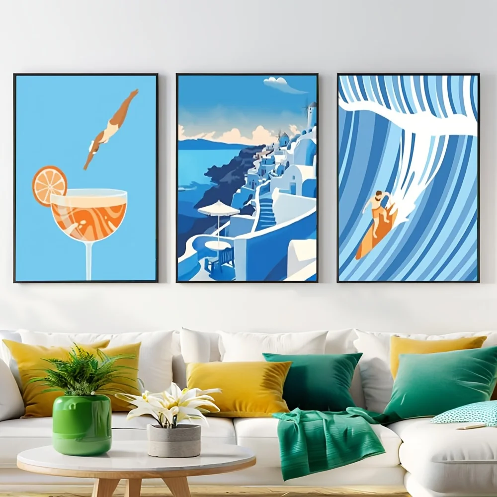 3pcs 2D Flat Summer Beach Wall Art Prints | Carton Santorini Wall Painting Unframed Beach Surf Canvas Wall Art for Living Roo