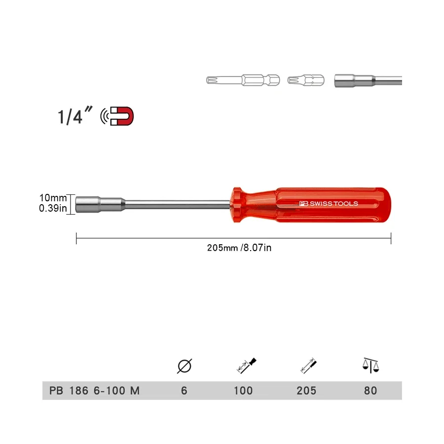 PB 186.6-100M SWISS TOOLS Universal Magnetic Bit Holder 205mm Screwdriver Handle for C6.3 and E6.3 (1/4