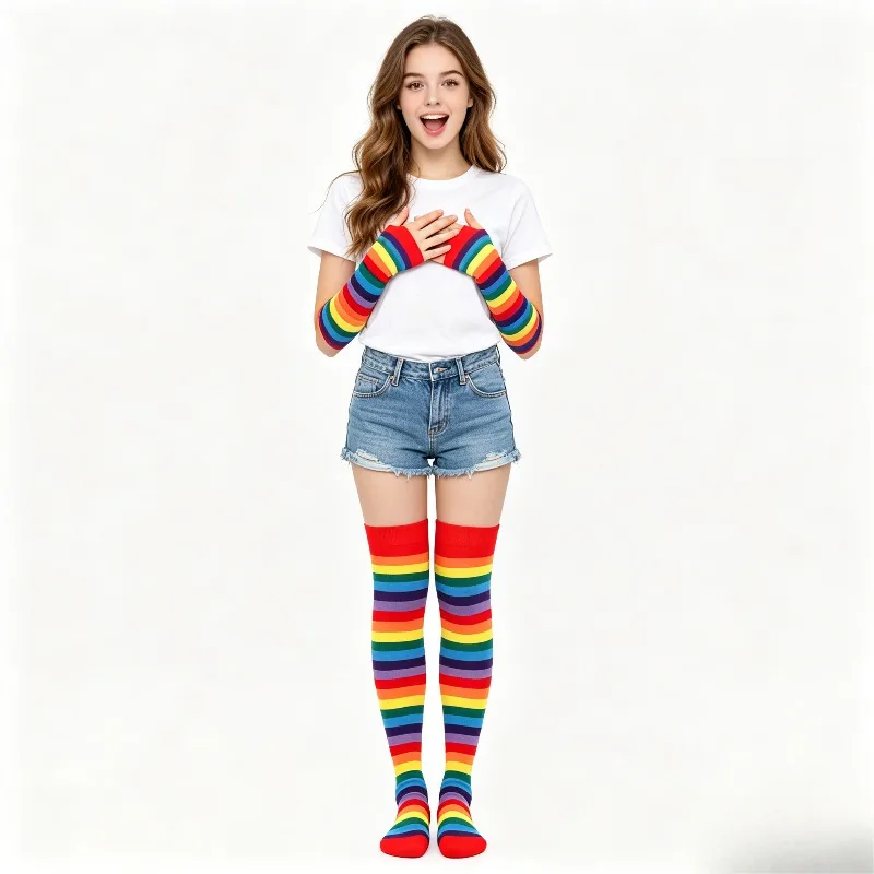 Colorful Rainbow Stripe Cotton Thigh High Over Knee Stockings Arm Sleeve Suit Masquerade Party Cosplay Dress Up Accessories