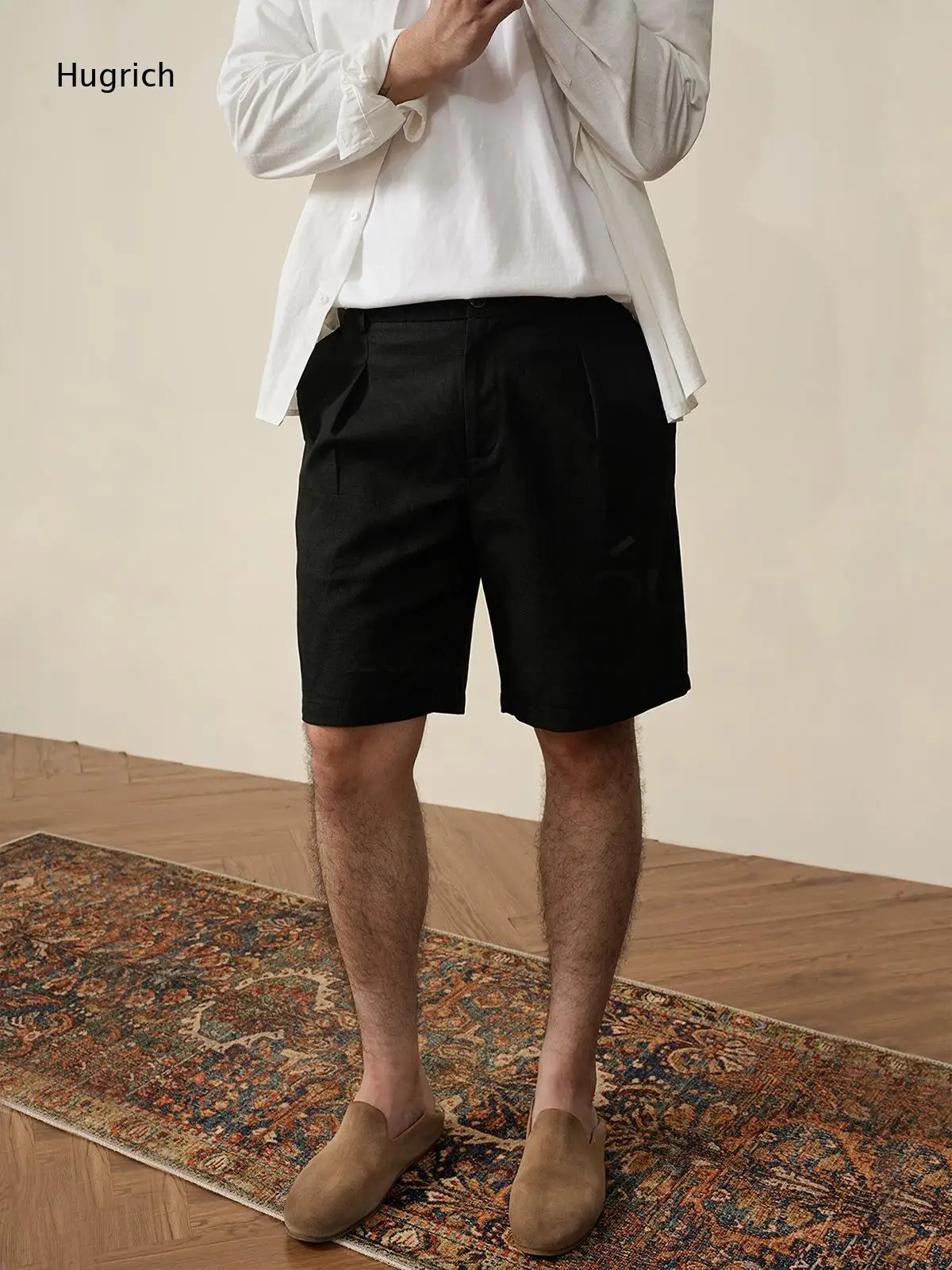 Beige Linen Blend Front Pleated Wide Leg Bermuda Shorts Mens Summer Office Vacation Casual Suit Shorts
