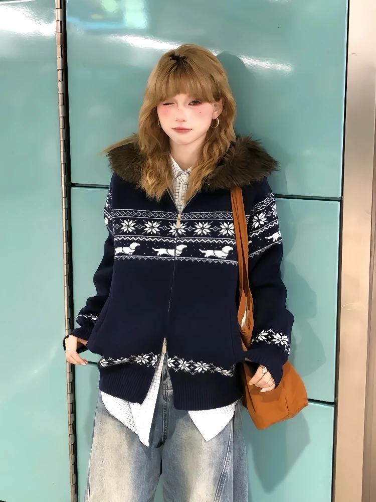 

Autumn Winter Vintage Grey Blue Print Patchwork Long Sleeve Versatile Sweater Women's Hooded Zipper Cardigan Short Knitted Tops