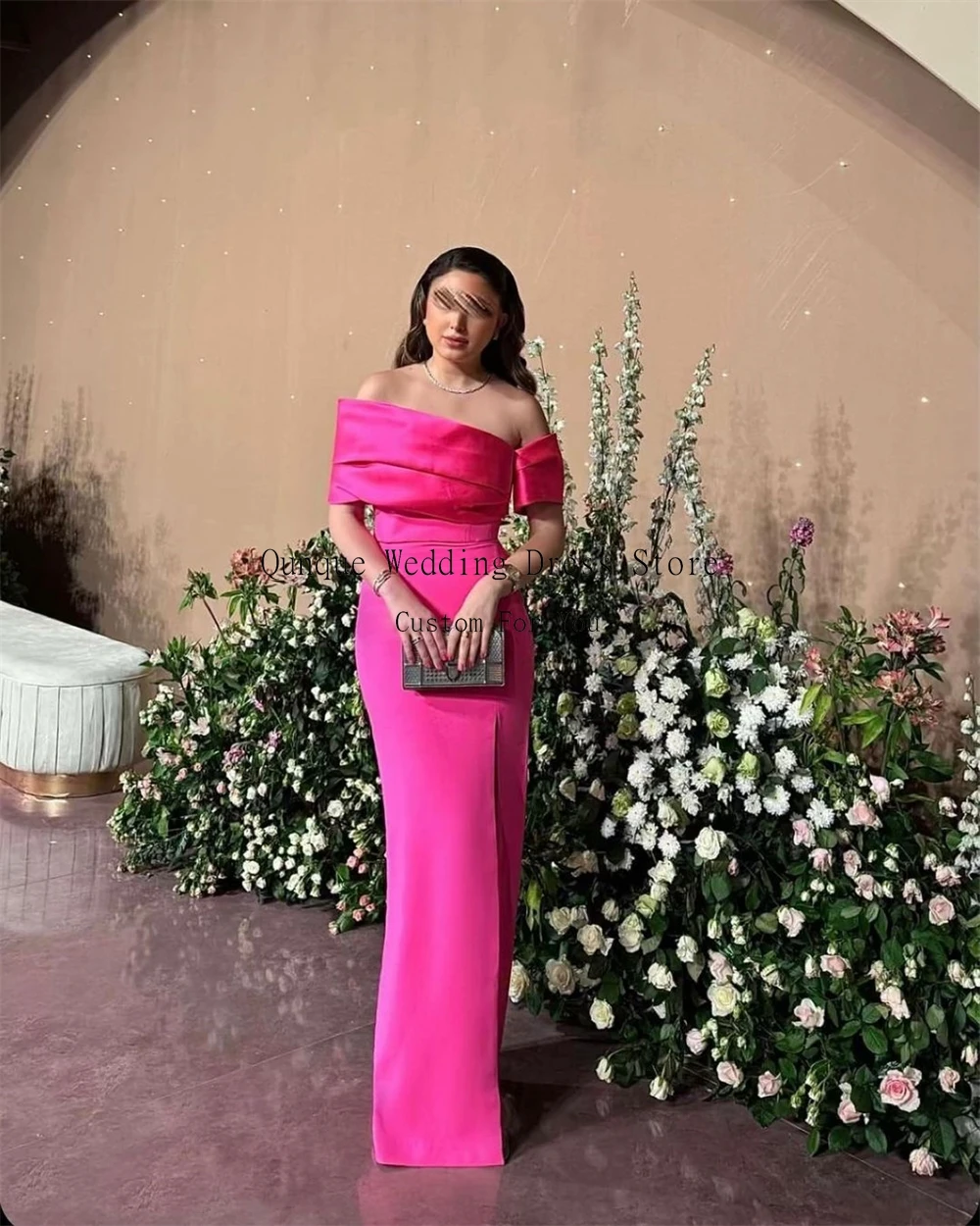 Qunque Dubai Evening Dresses For Women Hot Pink Off The Shoulder Elegant Prom Gowns Customized Split Formal Party Dress Event