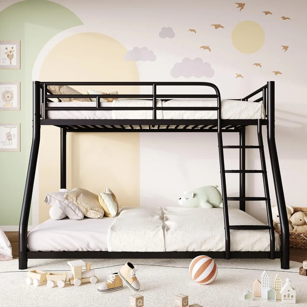 سرير معدني بطابقين، إطار سرير بالحجم الكامل، سرير مزدوج بطابقين كامل مع حاجز أمان وسلم، أسرة بطابقين مزدوجة للأطفال والكبار #6