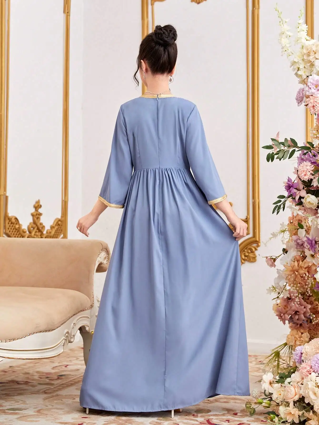 

Elegant Blue Kaftan Dress With Gold Embroidery And Slit