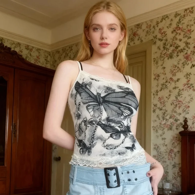

Американский Spice Girl, модный винтажный сексуальный креативный художественный топ на бретельках с принтом бабочки Y2k, кружевной тонкий камзол, готический тренд, панк-жилет
