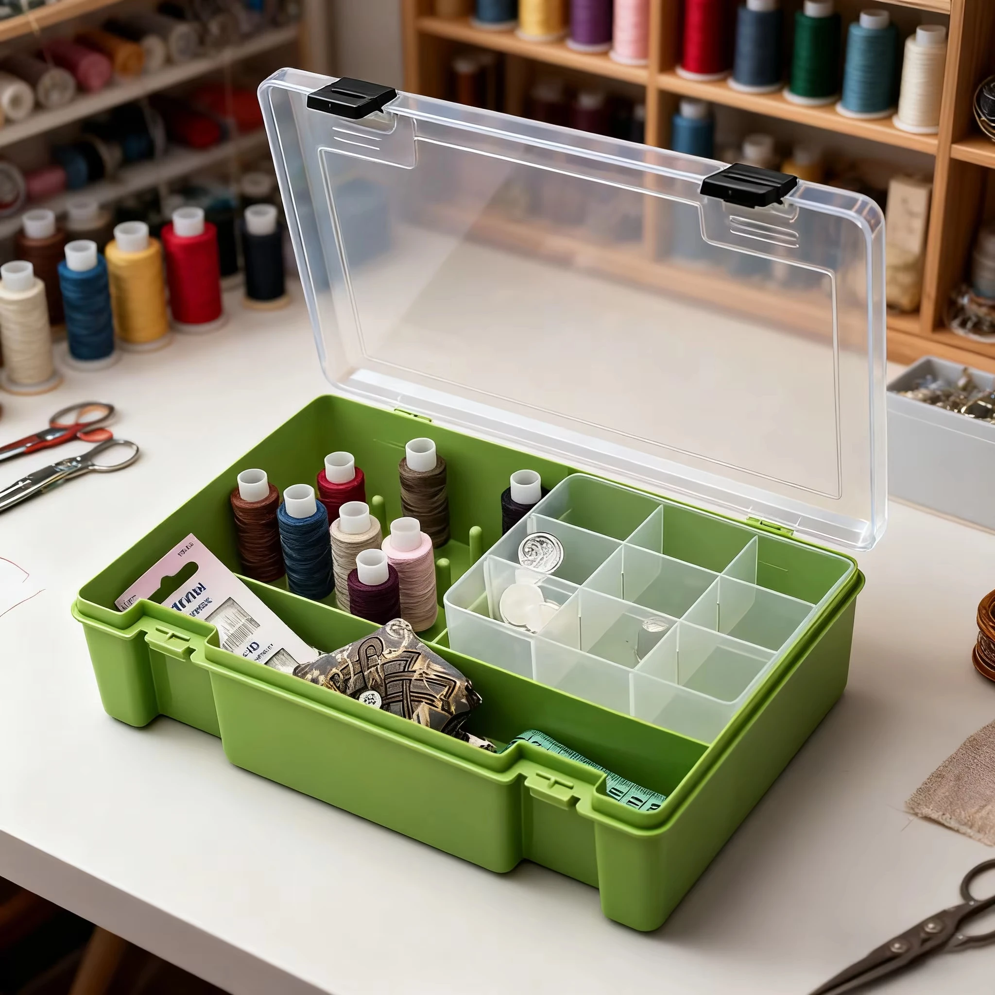 Large Capacity Sewing Thread Storage Box, 20 Rolls Capacity, Transparent Compartments and Tool Organizer- Heavy Duty Plastic