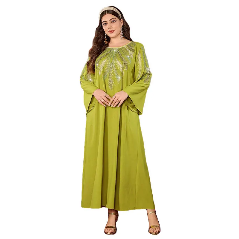 Middle East Muslim New Fashion Women's Plus Size Diamond Studded Casual Trendy Loose Elegant O-neck Ceremonial Dresses Female