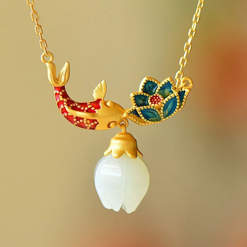 Natural hotan jade necklaces enamel fish-shaped lotus ancient gold craft pendant light luxury chinese style retro charm jewelry