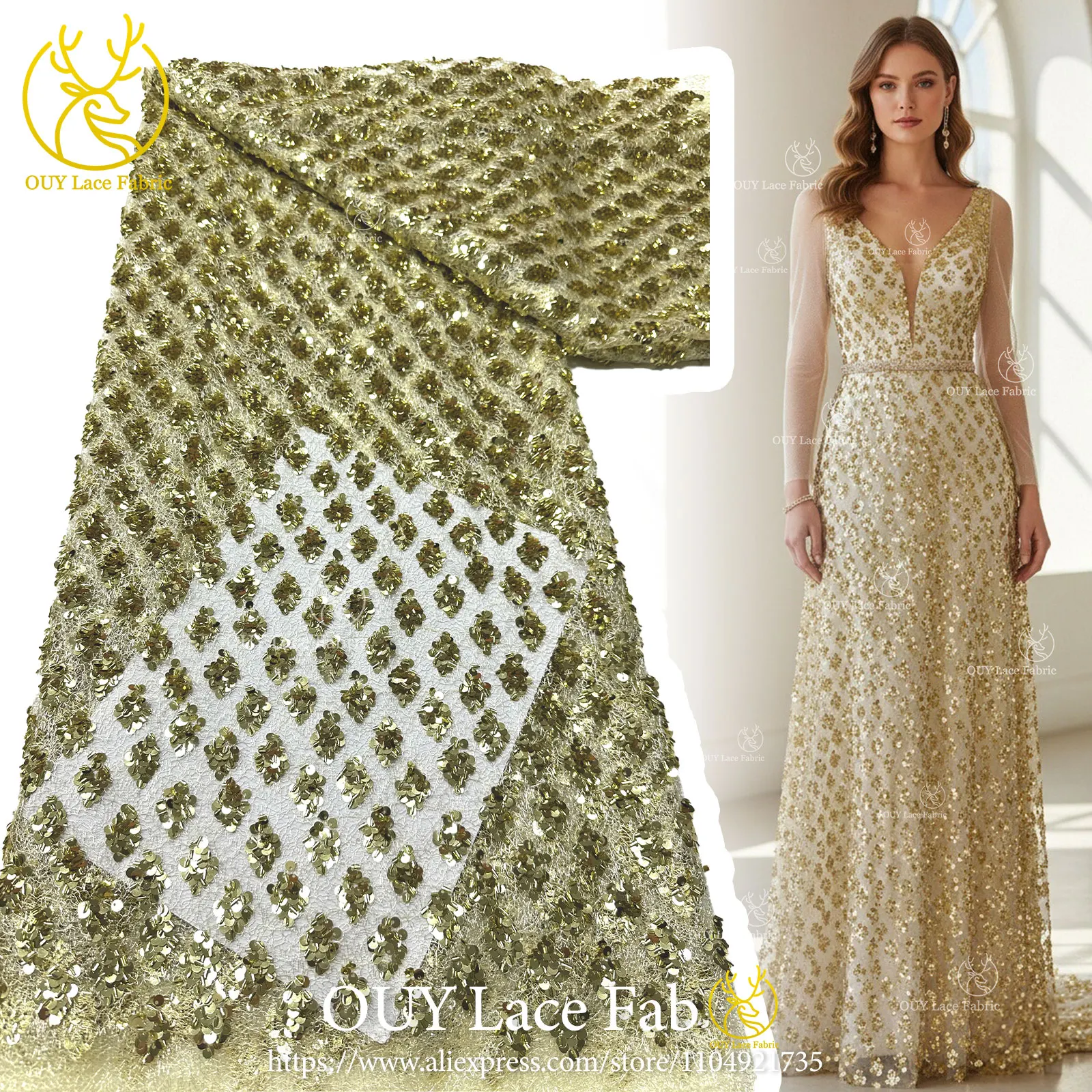 Neuester eleganter französischer Pailletten-Spitzenstoff 2026 Afrikanischer nigerianischer Spitzenstoff, geeignet für Damen-Partykleider und Hochzeitskleider – Detail 6